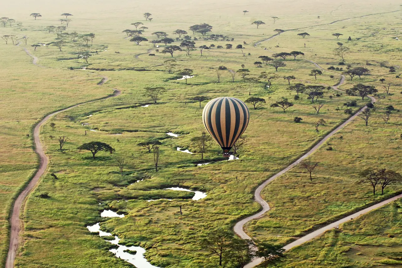 A hot-air balloon drifting over the Serengeti