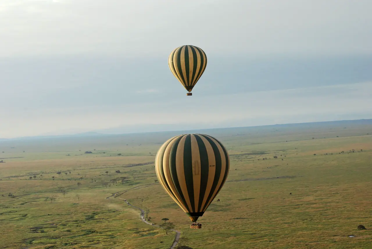 Hot-air balloons over the Serengeti at sunrise